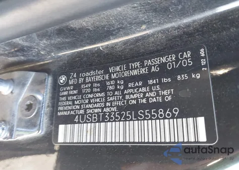 2005 BMW Z4 2.5I z USA, uszkodzony, nr VIN 4USBT33525LS55869